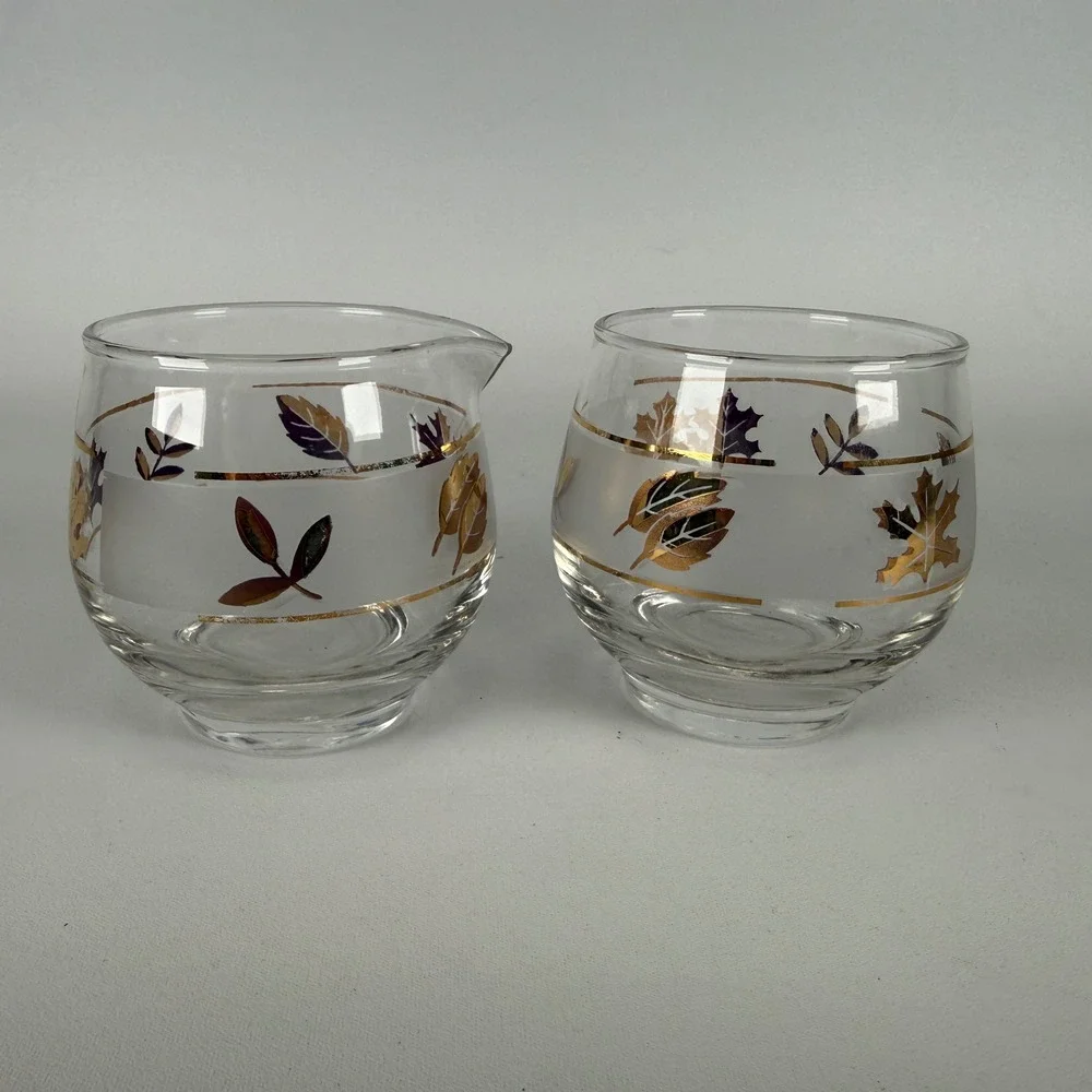 Vintage Libbey Golden Foliage Glass Cream and Sugar Set Mid Century Modern Gold